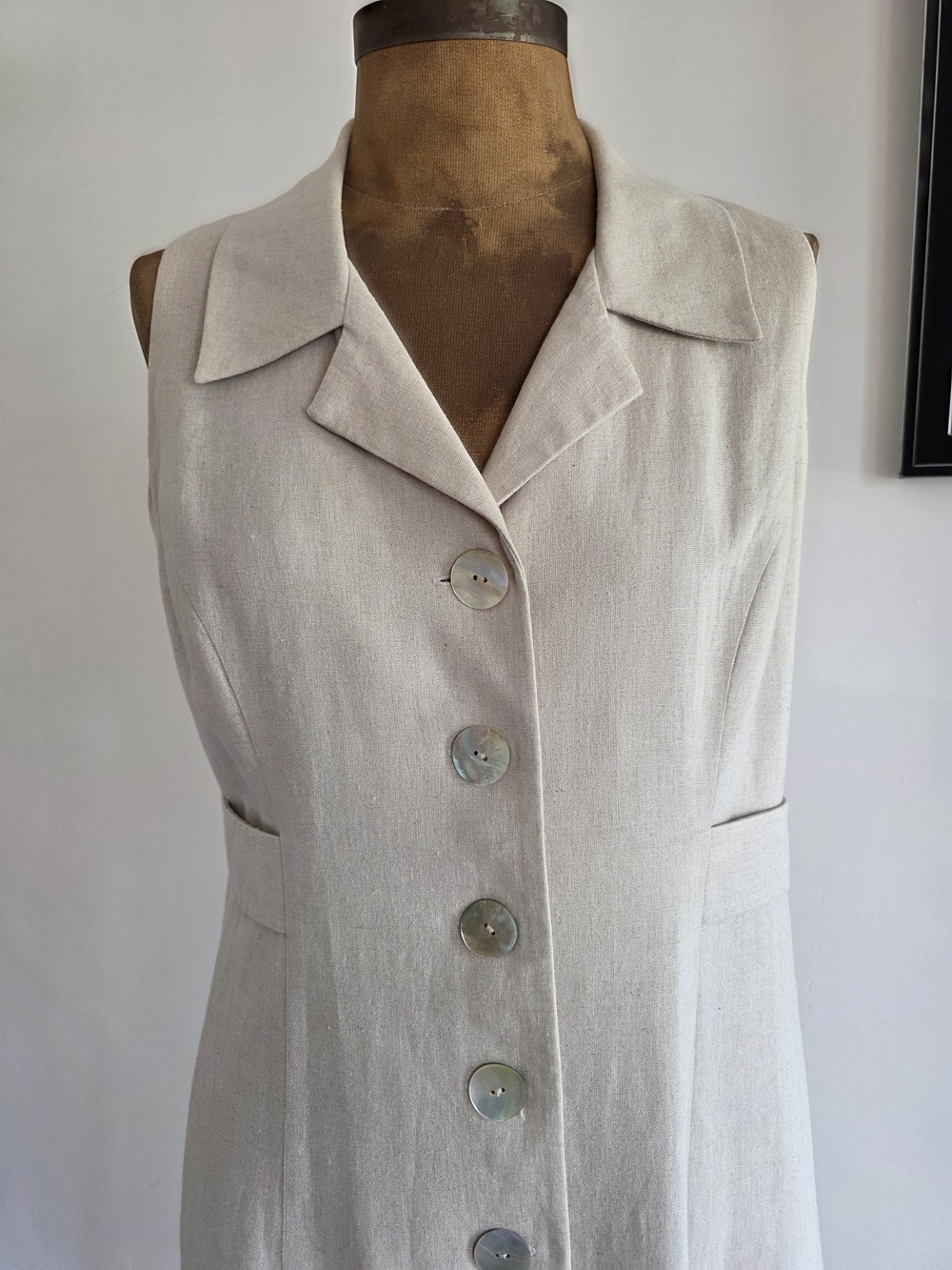 Coldwater Creek X Back Sundress Beige Linen Blend Shell Buttons Size Medium - Picture 3 of 8